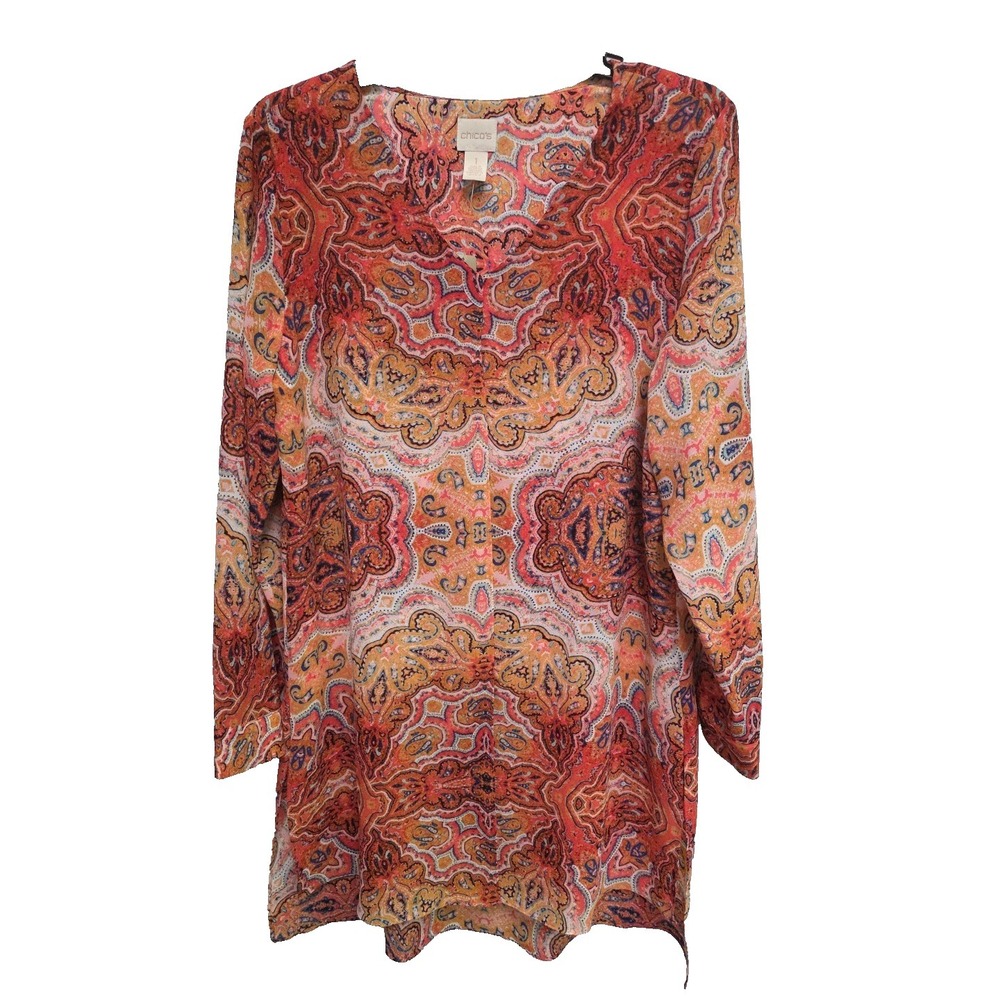 Chico's Coveted Long Split Front Tunic Top Sz 1 (S) Paisley Boho Artsy Lagenlook